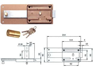 Ferroglietto p/ferro catenaccio 5 mand. e scr. cil. fisso s/contr. 315 - mm.60 (315605) - serratura da applicare per porte in ferro con pomolo dblocca catenaccio interno e cilindro fisso ø mm.26x50 esterno, 3 chiavi...
