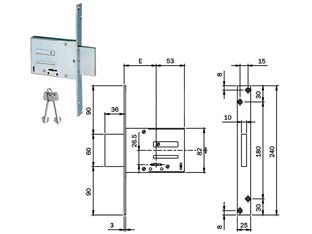 Serratura da infilare doppia mappa 661 - mm.60 KA (661604N.K) - chiusura laterale, a chiave doppia mappa, scatola zincata -frontale zincato mm.240x25x3, catenaccio rettangolare a 4 mandate ...