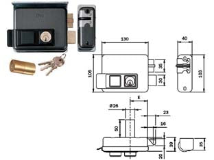 Elettroserratura per cancelli con tetto foro variabile 53n515 - mm.50-80 SX (53N5152) - elettroserratura da applicare verniciata, 12V AC 15W, cilindro interno, cilindro fisso ø mm.26x50 esterno, 2 mandate, scrocco...