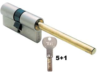 Cilindro europeo r6 plus per pomolo 82r66 - mm.80 decentrato (50+30) (82R66D0509C5) - corpo in ottone nichelato a 6 spine, spina antitrapano nel corpo cilindro, CAMMA DIN 30° sporgente e vite mm.65, 5 chiavi + c...