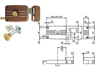 Serratura da portoncino caten. e scr. cil. stacc. + cil. int. 421/422 - mm.50 SX 2 mandate (422502) - scatola e bocchetta in acciaio verniciato, serratura da applicare per porte in legno, catenaccio con cilindro interno e scroc...
