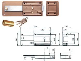Ferroglietto con catenaccio 5 mandate scrocco cilindro fisso 330 - mm.50 (330505) - serratura da applicare per porte in legno con pomolo sblocca catenaccio e cilindro fisso ø mm.26x50 esterno, 3 chiavi, catena...