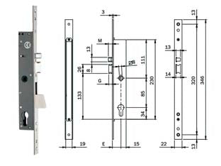 Elettroserratura infilare montanti con caten. quadro e scrocco 78180 - mm.25 (781802252) - elettroserratura da infilare per montanti per cilindro a profilo europeo (non compreso) , chiusura laterale, 12V AC/DC, front...