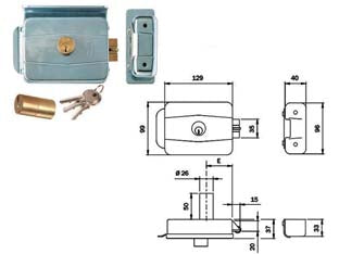 Elettroserratura per cancelli con tetto reversibile 505 - mm.70 (505704) - da applicare destra o sinistra zincata per ferro, 12V AC 15W, cilindro interno e cilindro fisso ø mm.26x50 esterno, scrocco a...