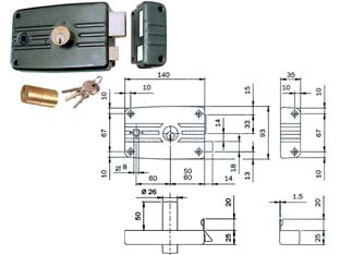 Serratura porte ferro c/quadro catenaccio e scr. cil. fisso c/al. 481 - mm.60 DX (481603) - scatola e bocchetta in acciaio verniciato nero, serratura da applicare per porte in ferro con aletta, catenaccio 3 mandate co...