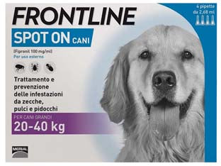Frontline spot-on per cani grandi - in confezione da 4 pipette - per cani da Kg.20 a Kg.40, è una soluzione antiparassitaria in forma spot-on per cani, facile da applicare, grazie al princip...