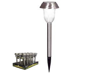 Lampada solare led acciaio inox in espositore - ø mm.100x384h. - 5 lumen - corpo in ACCIAIO INOX, alimentazione con 1 batteria AA ricaricabile, alimentazione solare, 8 ore di autonomia, grado di prot...