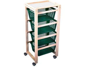 Carrello portatutto ercolino in legno naturale con ruote - cm.37x30x85h. - legno di faggio massiccio, con ruote piroettanti, vassoio asportabile, 4 cestelli colore verde in materiale idoneo per alimen...