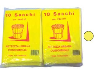 Sacco condominiale rinforzato giallo pz.10 - cm.70x110 gr.75 - alta elasticità del materiale, doppia saldatura, capacità di contenimento dei liquidi