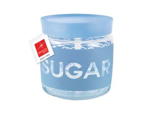 Barattolo giara soft sugar - ø mm.106 cl.75 - altezza mm.126 - con tappo in plastica, chiusura a pressione, vetro trasparente, lavabile in lavastoviglie, colore azzurro