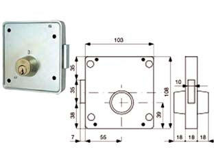 Serrature applic. per cancelli 2 mand. solo catenaccio cil. fissi 423 - mm.55 (423.55.1) Dx - scatola e catenaccio in acciaio zincato , con coppia cilindri conici fissi ø mm.25/33 013200