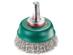 Spazzola a tazza fili in acciaio inox per trapano - ø mm.75 codolo mm.6 - fili acciaio inox ondulato mm 0,30, coppa verde
