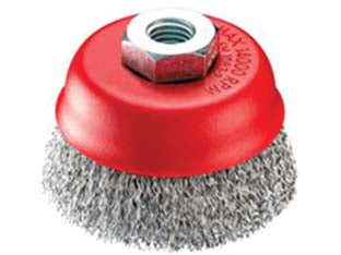 Spazzola a tazza fili acciaio zincato per smerigliatrice - ø mm.100 foro filettato mm.14 MA - fili acciaio ondulato mm 0,30, coppa rossa