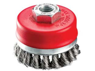 Spazzola a tazza fili acciaio zincato ritorti per smerigliatrice - ø mm.65 filettato mm.14 MA - fili acciaio ritorto mm 0,50, 18 mazzetti, altezza fili mm.15, coppa rossa, in blister