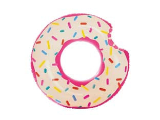 Salvagente gonfiabile ciambella donut con zuccherini arcobal. +9 anni - cm.107x99 - peso kg.0,58 (56265) - in vinile spessore mm.0,25, colore fucsia con zuccherini arcobaleno, kit corredo di riparazione