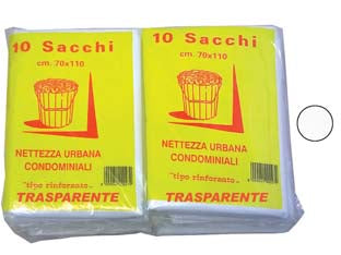 Sacco condominiale rinforzato trasparente pz.10 - cm.70x110 gr.75 - alta elasticità del materiale, doppia saldatura, capacità di contenimento dei liquidi