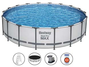 Piscina steel pro max tonda telaio portante cm.549x122h. - kg.80,8 - lt.23.062 -filtro cartuccia(art.56462) - il telo è realizzato in PVC poliestere triplo strato, la struttura portante è composta da strutture in acciaio zincato e vern...