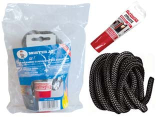 Kit ricambio treccia tonda con silicone adesivo per alte temperature - mm.10x2,5 mt. - linea di guarnizioni in fibra di vetro di tipo 'E' realizzata con filati dal diametro di 9 micron, indicata per temperature d...