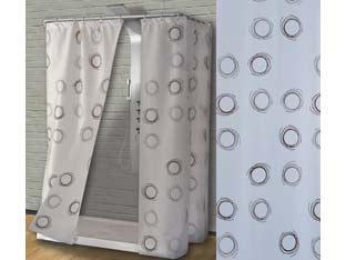 Tenda per doccia in peva cerchi fondo bianco decori marroni - cm.240x200h. - fondo trasparente con decori marroni, completa di anelli, dimensioni riducibili, non contiene sostanze tossiche