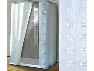Tenda per doccia in peva sfera fondo trasparente con decori bianchi - cm.180x200h. - fondo trasparente con decori bianchi, completa di anelli, dimensioni riducibili, non contiene sostanze tossiche