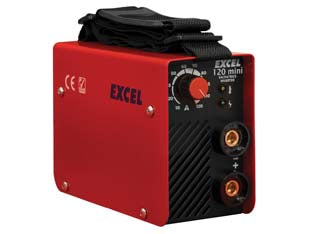 Saldatrice elettrica inverter 120 mini - mm.210x90x145h. - peso kg.2.4 - 230V 50Hz, potenza nominale input 4.7 kva, tensione a vuoto 65V, campo regolazione 10/120 A, elettrodi mm.1.6/3.2 , fattore u...