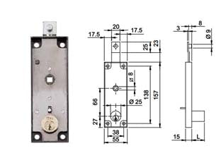 Serratura per serrande basculanti cilndro fisso quadro maniglia 643 - mm.157x15x55h. (643150) - scatola in acciaio verniciato, catenaccio zincato con perno ø mm.9x8h per aggancio asta, 1 mandata da mm.25 con maniglia, qua...