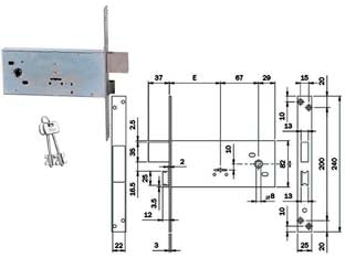Serratura da infilare doppia mappa per fasce mm.82 h 981 - mm.90 (981901BFZ) - chiusura laterale, 2 chiavi da mm.79, frontale acciaio zincato mm. 240x25x3, altezza cassa mm.82, quattro mandate da mm.9, sc...