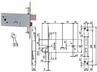 Serratura triplice da infilare doppia mappa per fasce mm.82 h 983 - mm.90 (983901BFZ) - chiusura triplice, agganci aste ad innesto, 2 chiavi da mm.79, frontale acciaio zincato mm. 240x25x3, altezza cassa mm.82, qu...