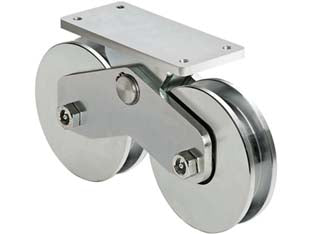 Ruote combinate gola semitonda con piastra superiore art. 339-160 - mm.157, interasse mm.190 - 2 ruote acciaio zincato gola semitonda, con ingrassatore, montaggio su 2 cuscinetti, piastra mm.200x90