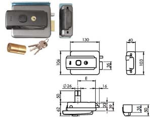 Elettroserratura per cancelli con tetto foro variabile revers. 52n515 - mm.50-80 DX/SX (52N515) - elettroserratura da applicare verniciata, cilindro interno ed esterno fisso, scrocco autobloccante, reversibile, bocchetta re...