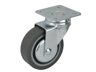 Ruote in gomma con piastra girevole e dischi parafili 220p - ø mm.50x18 piastra mm.40x40 mm.66h. port. Kg.20 - supporto in acciao zinco-cromato stampato rotante su dobbia corona di sfere, con dispositivo di bloccaggio ruota, ruota in go...