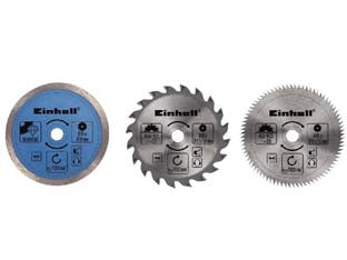 Dischi e lame per mini sega circolare Ø mm.85 tc-cs 860 - in blister pz.5 - ø mm.85 foro mm.10 - 2 dischi da taglio diamantato per piastrelle, 2 lame circolari da taglio HW con 20 denti per materiali in legno e in plastica...