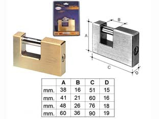 Lucchetto rettangolare in ottone 2800 in blister - mm.90 (2820B) - lucchetto in ottone massiccio, perno di chiusura girevole in acciaio temprato e cromato con ritorno a molla, in dotazione: 2 ...