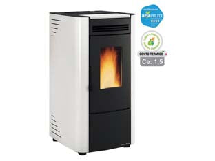Stufa a pellet ketty evo 2.0 6,5 kw bianca (conto termico) - misure cm.45,6x50,7x88,4h. - peso kg.69 - 2,8, 7,4 Kw potenza termica globale, 2,5/6,5 Kw potenza nominale utile per mc.187 riscaldati , consumo 0,6/1,5 kg.h., capacit...