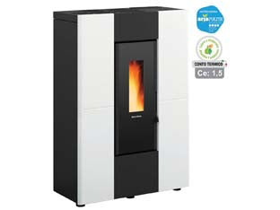 Stufa a pellet marilena plus ad canaliz. 8,0 kw bianca (conto termico) - misure cm.75x35,2x107,7h. - peso kg.119 - 3,9/8,8 kw potenza termica globale, 3,7/8,0 potenza nominale utile per mc.230 riscaldati, consumo 0,8/1,8 kg/h., capacità ser...