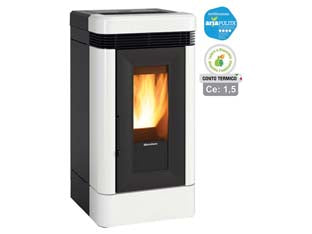 Stufa a pellet lucia 12,1 kw bianca (conto termico) - misure cm.55,6x59,7x109,7h. - peso kg.181 - 3,9/13,1 kw di potenza termica globale, 3,6/12,1 kw potenza nominale utile per mc.347 riscaldati, consumo 0,8/2,7 kg/h., capa...