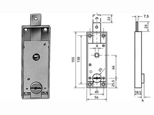Serratura doppia mappa per porte basculanti 1640 - scatola e componenti in acciaio zincato antiruggine, quadro maniglia mm.8, catenaccio dritto, doppia mappa a 2 mandate, con 6...