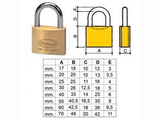 Lucchetto ottone arco normale 2700 - mm.50 (2750) - in ottone massiccio, arco in acciaio cementato e cromato con doppia ritenuta e rotazione di 360°, in dotazione: 2 chiavi