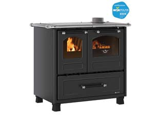 Cucina a legna family 7,5 kw nero antracite modello 4,5 - misure cm.96,4x64,2x85,3h. - peso kg.125 - 9,2 potenza termica globale, 7,5 kw potenza nominale utile per mc.215 riscaldabili, consumo kg/h. 2,2, tubo uscita fumi ø cm....