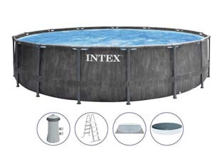 Piscina prisma frame gw rotonda c/tel. portante c/pompa cm.457x122h. - capacità lt.16805 - peso kg.73,1 (26742) - colore grigio venatura effetto legno 'Greywood', rivestimento in PVC a 3 strati per una maggiore resistenza, facile montaggio...