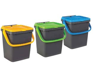 Set pattumiera per raccolta differenziata lt.35 pezzi 3 - mm.430x360x435h. - indistruttibile ed ecologica, plastica riciclata, colori giallo, verde e blu