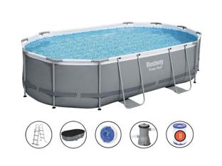Piscina power steel ovale con telaio portante cm.488x305x107h. - kg.67,2- lt.10.949 - filtro cartuccia(art.56448) - il telo è realizzato in PVC poliestere triplo strato, la struttura portante è composta da strutture in acciaio zincato e vern...