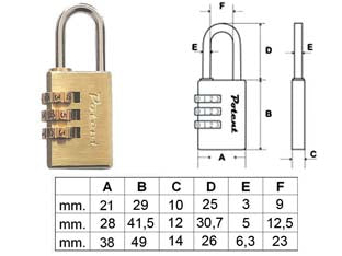 Lucchetto a combinazione - mm.30 - 3 combinatori (9030CO) - corpo in ottone, arco in acciaio cromato