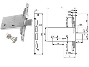 Serratura tripl. infil. per fasce d/mappa caten. e scr. mm.81 h f6873 - mm.70 (F6873) - coprifrontale in acciaio inox, catenaccio a 4 mandate, scrocco reversibile, 3 punti di chiusura, asole per il montaggio facil...