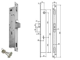 Serratura triplice infilare per montanti d/mappa caten. e scr. f6603 - mm.23 (F6603) - finitura inox, meccanica con 3 punti di chiusura con incontro 6819/1, catenaccio a 2 mandate, asole per montaggio aste, scroc...