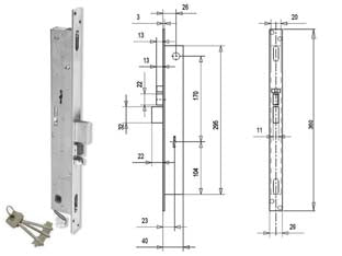 Elettroserratura triplice infil. per montanti d/m caten. e scr. f6703 - mm.23 (F6703) - finitura inox, 12 V, 3 punti di chiusura con incontri 6819/1+ 6819/2, catenaccio a 2 mandate, asole per montaggio aste, scroc...