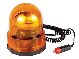 Lampeggiante rotante magnetico arancio - calotta plastica arancio, alimentazione 12V, Lampadina 10W, adattatore spinotto accendino auto, cavo spiralato cm.200, base m...