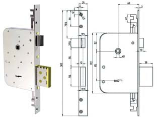 Serratura triplice infilare doppia mappa con scrocco reversibile 8000 - chiave mm.72 (8000-01) - serratura a doppia mappa per porte in legno, ferro ed alluminio con scrocco azionato da chiave e da quadro maniglia, applicaz...