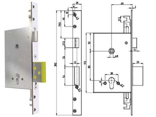 Serratura triplice infilare cil. eu. con scrocco reversibile 8000pe - (8000-PE01) - serratura a profilo europeo per porte in legno, ferro ed alluminio con scrocco azionato da chiave e da quadro maniglia, appli...