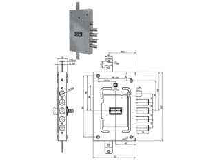 Serratura triplice applic. c/scrocco doppia mappa blind. revers. 2655 - chiave mm.116 (2655-03) - serratura a doppia mappa per porte blindate con scrocco azionato da chiave e da quadro maniglia, applicazione: planare, 4 cat...